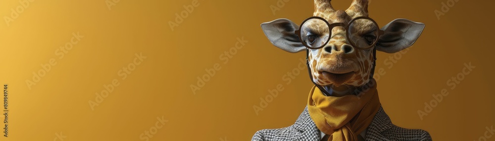 Elegant minimalist 3D rendered giraffe costume holding a monocle, soft ivory background for a refined look.