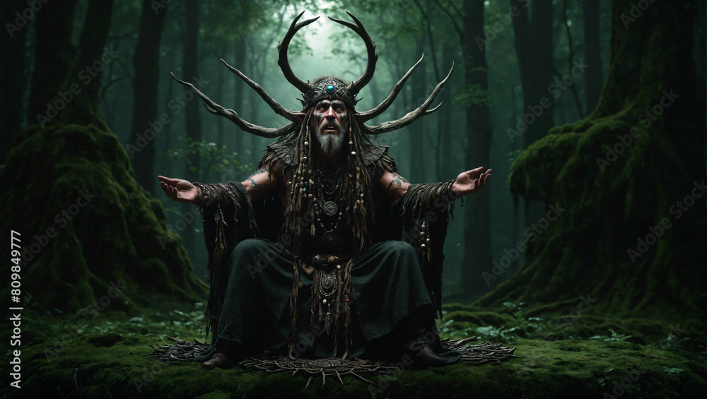 Fototapeta premium Slavic forest druid, spiritual journey in a shamanic dream, decorated outfit with sacred pendants, emblems and trinkets, , dark forest, fantasy illustration, high detail, no AI artifacts