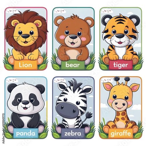 Cute animals cartoon flashcard with name in square frame for kid learning