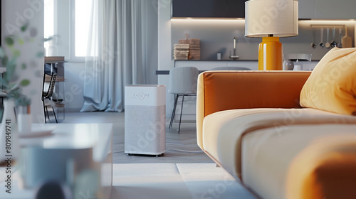 Air purifier inside a clean and professional space, promoting fresh and purified air. AI generative techniques refine indoor technology visuals. photo