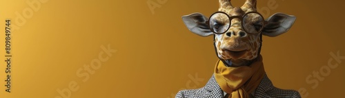 Elegant minimalist 3D rendered giraffe costume holding a monocle  soft ivory background for a refined look.