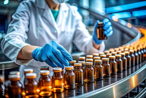 Production of medicines. A pharmacist checks medical vials on an automatic conveyor of a pharmaceutical factory production line using artificial intelligence. photo