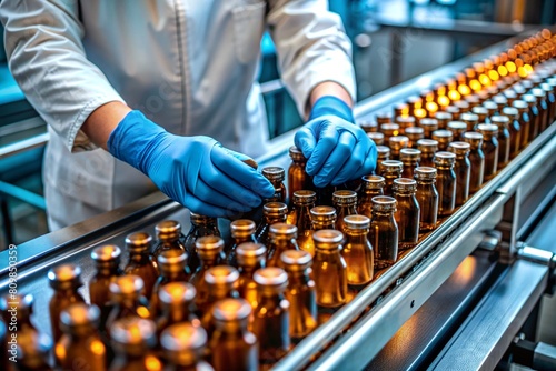 Production of medicines. A pharmacist checks medical vials on an automatic conveyor of a pharmaceutical factory production line using artificial intelligence.