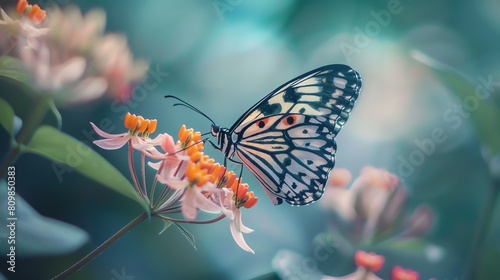 Graceful butterfly with white, black and orange markings on its wings perches on a flower and drinks nectar. © Galib