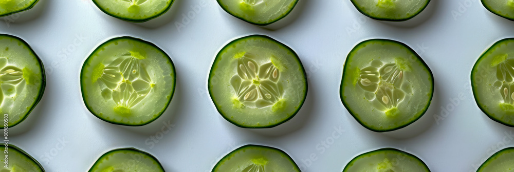 Freshly Sliced Green Cucumbers Arranged in Neat Rows Freshly Sliced Green Cucumbers Arranged in Neat Rows