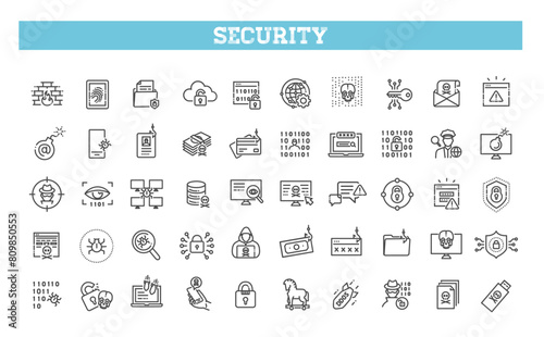 Hacking and Cyber Attack vector line icon set