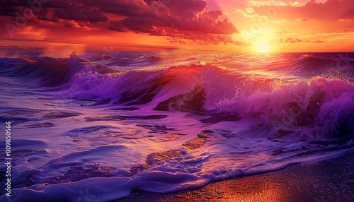 An intense and vivid display of royal purple and bright orange waves, their powerful interaction mimicking the dramatic flare of a sunset.