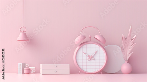 Pink Alarm Clock with Minimalist Home Decor on a Pastel Background © Mutshino_Artwork