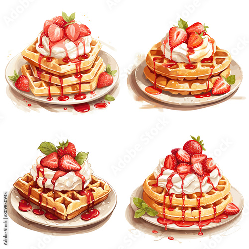 Vector design of strawberry topping belgian waffle collection