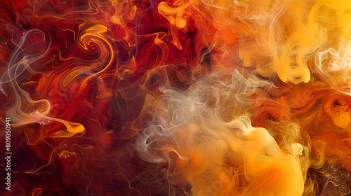 Energetic swirls of smoke in a palette of autumn colors--burnt orange, deep red, and golden yellow--creating a warm, inviting abstract scene.