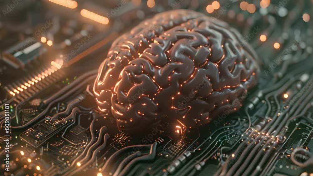 A brain rests on a computer circuit, representing the fusion of technology and biology in a conceptual image.