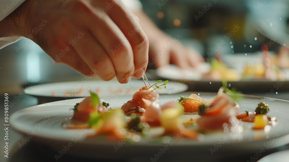 A chef carefully garnishes a plate of food with tweezers in a restaurant kitchen. A chef carefully garnishes a plate of food with tweezers in a restaurant kitchen.