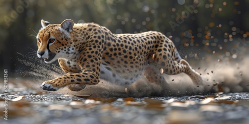 Single 3D rendered cheetah costume in minimal style with a stopwatch, blurred background for speed theme.