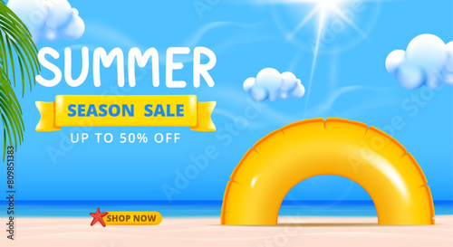 summer sale banner template with beach and sea water, rubber rings, palm leaves and blue sky with clouds.
