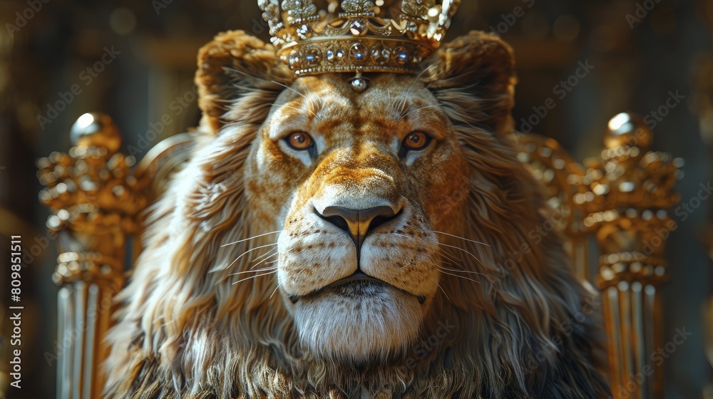 An elegant lion in a minimalist 3D costume, adorned with a crown, against a royal throne room backdrop fit for a king. An elegant lion in a minimalist 3D costume, adorned with a crown, against a royal throne room backdrop fit for a king.