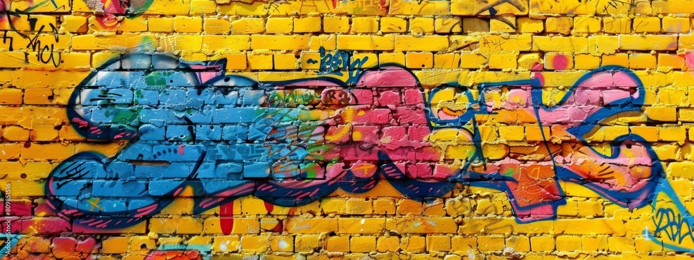 Colorful graffiti text on a yellow brick wall background. The graffiti is in the style of colorful street art.