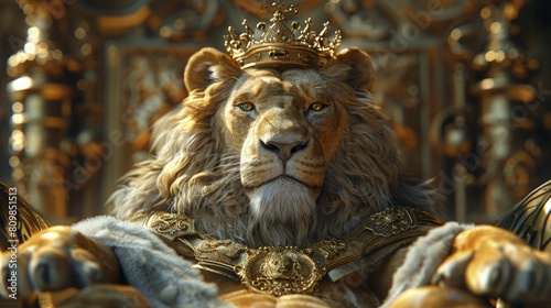 A regal lion adorned in a simple 3D-rendered costume with a majestic crown  set against a royal throne room backdrop fit for a king.