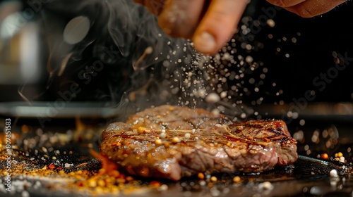 A chef is seasoning a steak with salt and pepper. The steak is on a hot grill and is surrounded by flames. photo