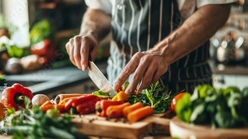 A chef is chopping vegetables on a wooden cutting board. He is using a sharp knife to cut the vegetables into small pieces.