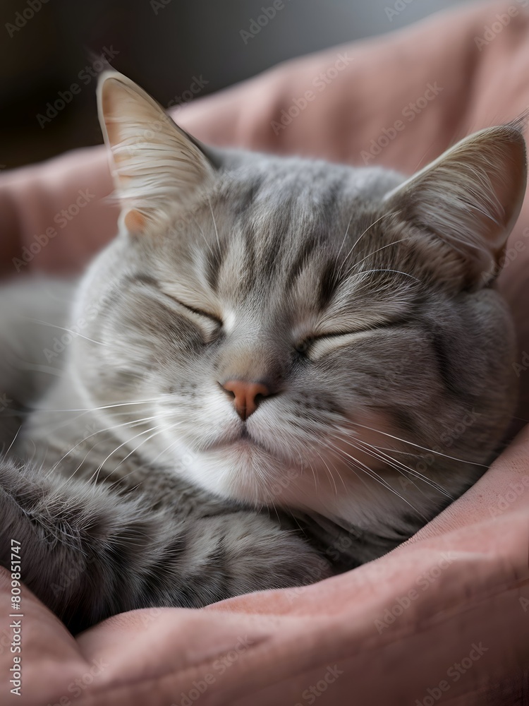 Sleeping Grey Cat Animal Realistic Photo Illustration Art