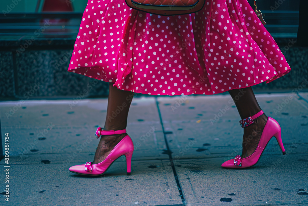 Fashionable Pink Polka Dot Skirt and Heels on City Sidewalk Fashionable Pink Polka Dot Skirt and Heels on City Sidewalk