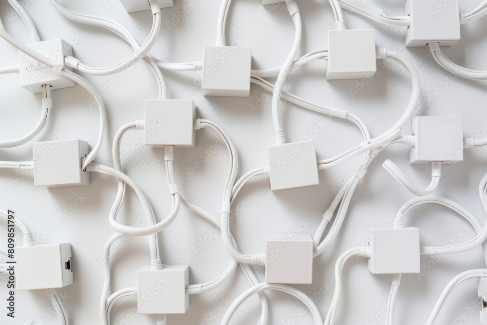 Obraz premium Interconnected White Power Adapters on a White Background