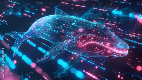 A digital whale made of glowing blue and pink particles swimming through space.
