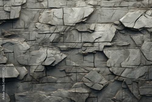 Close-up of a durable and solid textured slate rock surface with a rugged and layered pattern, perfect for interior and exterior design, construction, and architectural backdrops photo