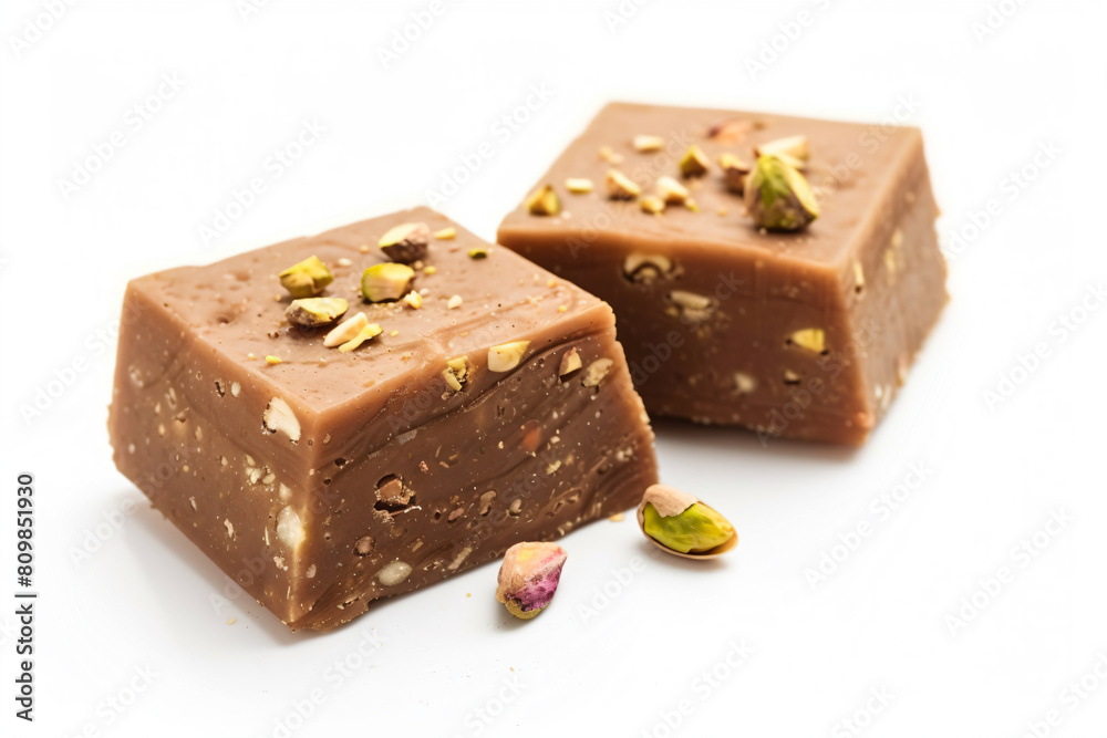 two pieces of chocolate with pistachios on top two pieces of chocolate with pistachios on top