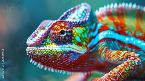 A closeup of a colorful chameleon with its eye wide open. The chameleon's skin is a bright mix of red, orange, yellow, green, blue, and purple. © Galib