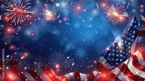 Patriotic background with the American US flag - stripes and stars, against a blue night sky with colorful fireworks celebrating Independence Day on July 4th. Designer mockup with copy space.