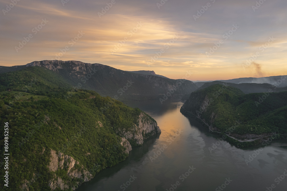 Fototapeta premium Aerial view above the Danube Gorge, at sunset