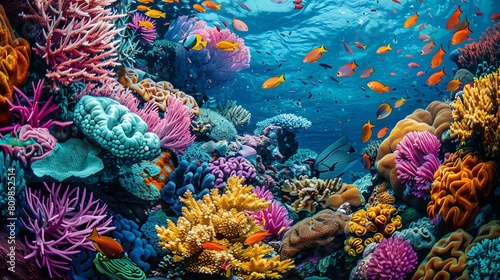 Underwater view of a coral reef with many colorful fish swimming around. The reef is full of vibrant colors and life.