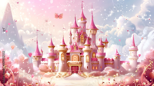 A pink castle with a staircase leading to it PencilDrawing painting of a Castle
 photo