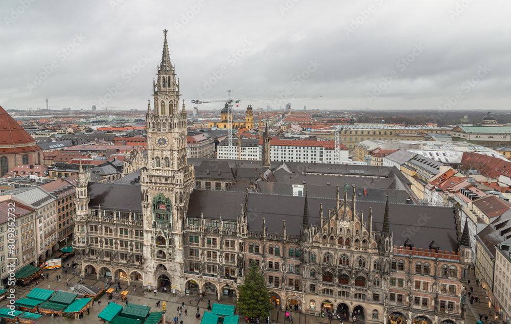 Aerial view of the New Town Hall (Neue Rathaus). Marienplatz square is the most important town square of Munich and is a pedestrian zone, Munich, Upper Bavaria, Space for text, Selective focus.