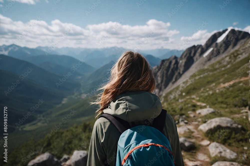 Back view of a backpacker girl at the top of the mountains with copy space. Travel Inspiration Concept.