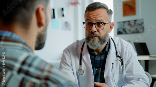 Male doctor speaking with patient talking about his diagnosis, prognosis or giving medicine prescription.