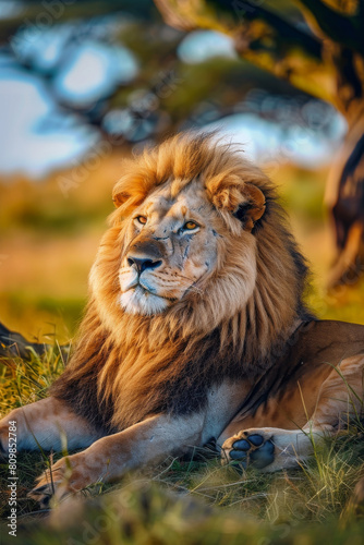 Majestic Male Lion Resting Under Tree in Golden Light