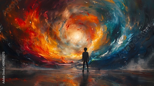 A boy immersed in a swirl of colors  his imagination set ablaze as he brings his dreams to life on the cold concrete canvas