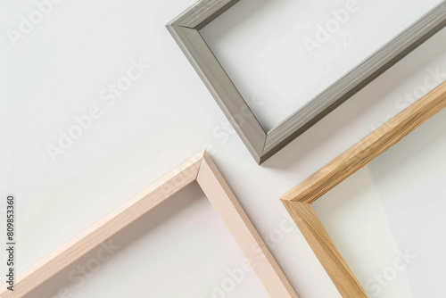 Minimalist wooden photo frame on white-gray backdrop, perfect for stylish interior decor. AI generative refines home decoration. photo