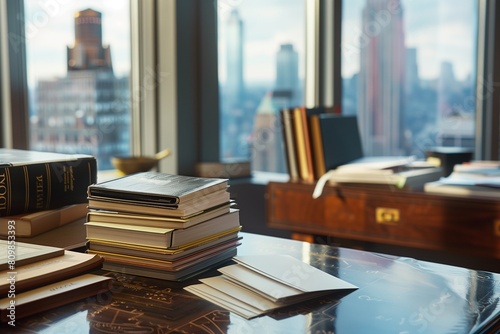 Office interior with books and a city view, AI-generated. © Wirestock