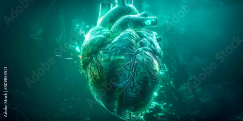 Illuminated Human Heart in a Mystical Green Light Biomedical Concept