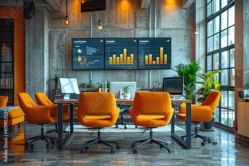 A conference room with a large concrete wall with 3 monitors displaying graphs and charts