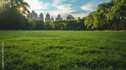 Refreshing park scene amidst the city, showcasing lush green trees against urban backdrop. AI generative innovation enriches city park photography. photo