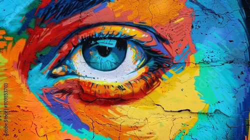 A close-up of a woman s eye with bright colors. The eye is blue and the iris is surrounded by bright orange and yellow.