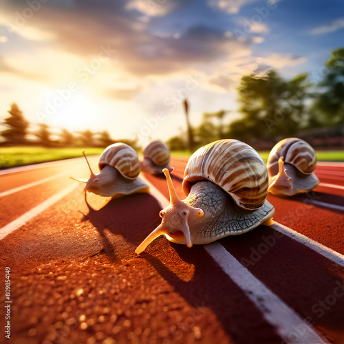 snails run to the finish line snails race on sports track near generate ai photo