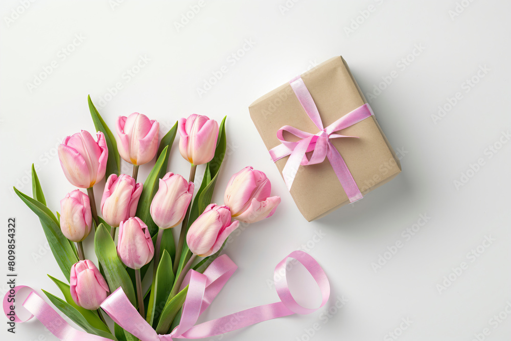 a bouquet of pink tulips and a gift on a white surface a bouquet of pink tulips and a gift on a white surface