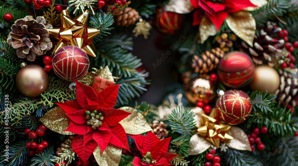 Fototapeta premium A close up of a richly decorated Christmas wreath, adorned with ribbons, ornaments, and pinecones