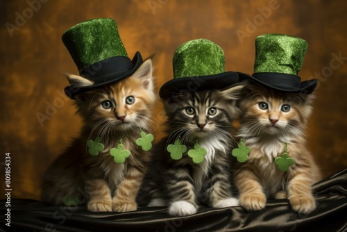 Vibrant Saint Patrick day cute ginger cats. Adorable feline kitten with green cylindric hats. Generate ai photo