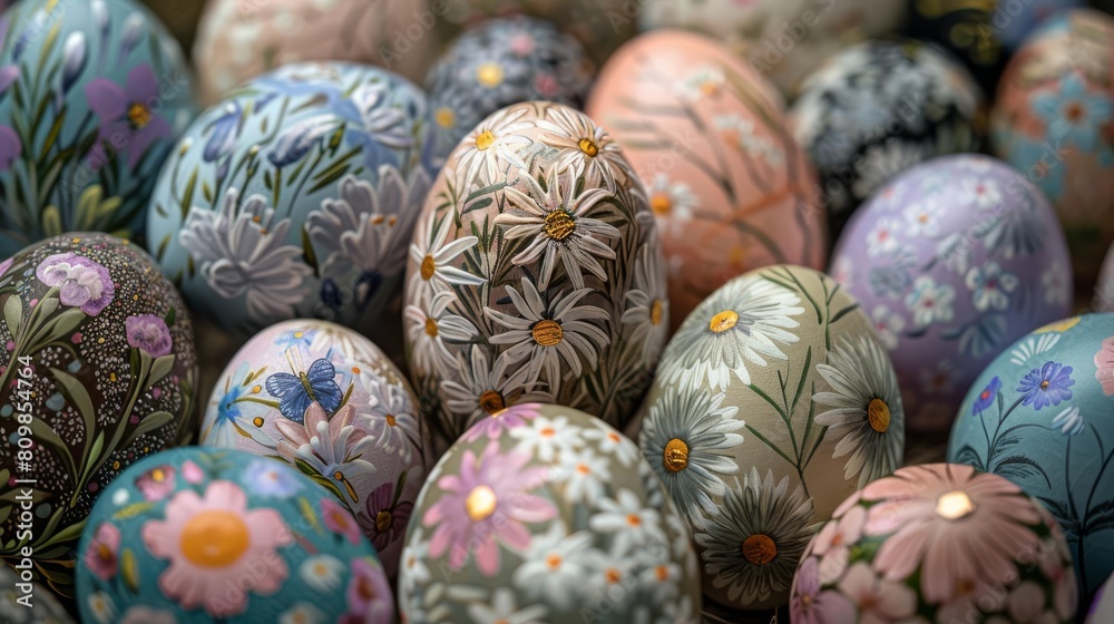 A close up of delicate, hand painted Easter eggs with intricate floral and nature inspired designs A close up of delicate, hand painted Easter eggs with intricate floral and nature inspired designs